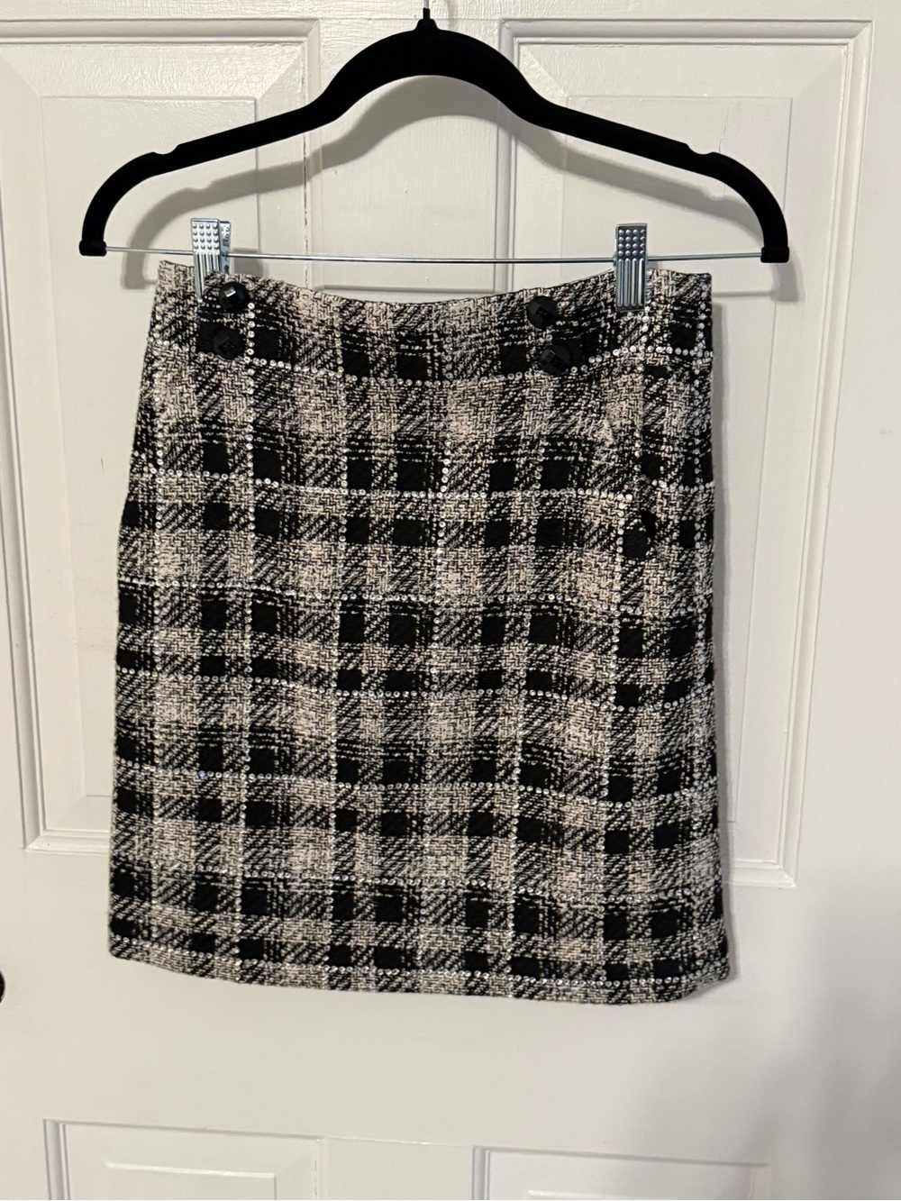 Veronica Beard Black and White Plaid Tweed Pencil Skirt